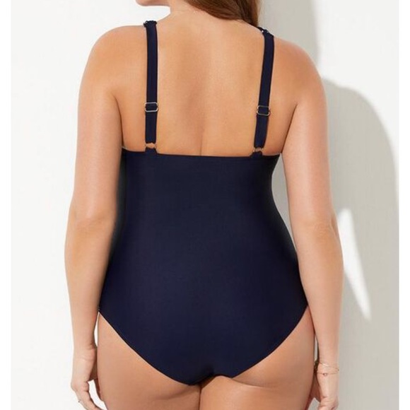 EUC High Neck Wrap One Pc Swimsuit Navy & White - Picture 2 of 8